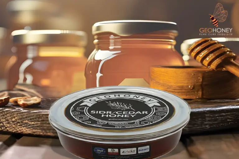 A jar of Sidr Honey with a Sidr tree in the background, representing its extraordinary factors and unique qualities.